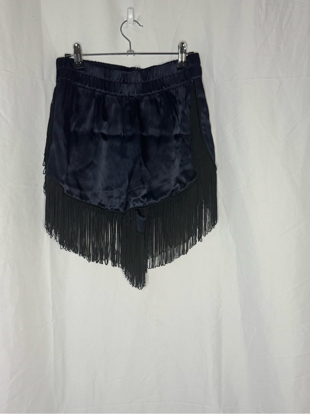 Donnelly Satin Shorts in Total Eclipse dark blue with black fringe